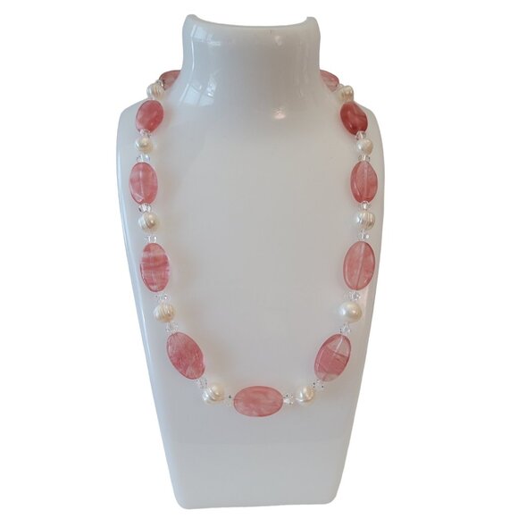 Sterling Silver Oval Pink Glass Baroque Pearl Clear Crystal Bicone Necklace E948 - Picture 1 of 7